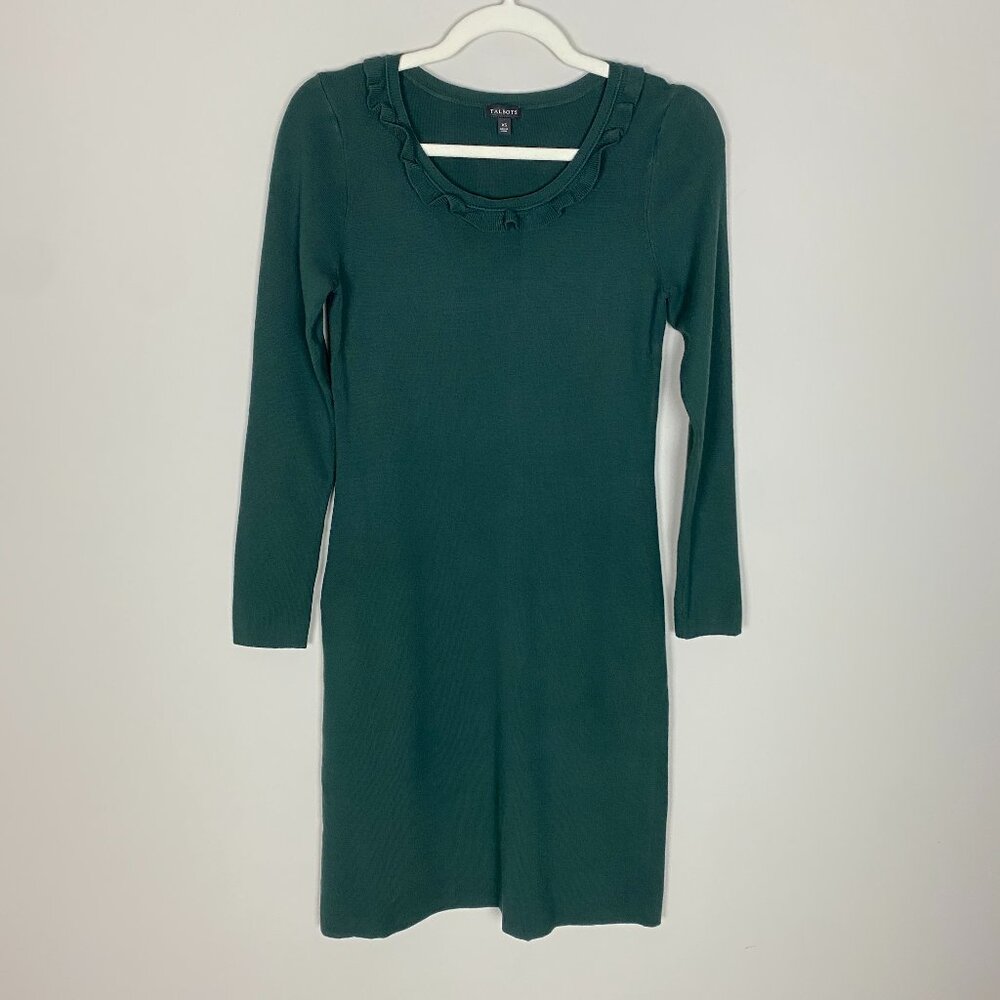 Talbots Holiday Knit Sheath Dress Ruffle Neck Womens XS Green Long Sleeves